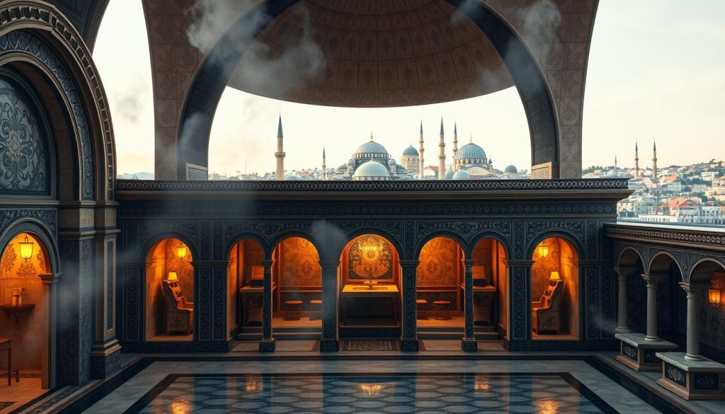 A grand, domed structure of ornate Byzantine architecture stands in the foreground, its intricate tile patterns and arched doorways evoking the grandeur of a traditional Turkish bath. In the middle ground, wisps of steam drift through an opulent interior, where elegant alcoves and marble benches suggest a modern spa experience. The background features a cityscape of minarets and domes, hinting at the historic Istanbul setting. Warm, golden lighting filters through the windows, creating a serene, timeless atmosphere that seamlessly blends the old and the new.