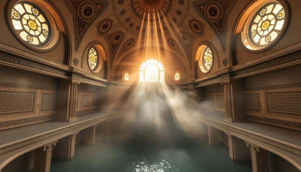 A grand, opulent Turkish bath nestled in the heart of Anatolia, with domed ceilings and ornate tilework. Streams of warm, mist-filled air swirl through the cavernous chambers, creating an atmosphere of tranquility and relaxation. Sunlight filters in through stained glass windows, casting a warm, golden glow on the intricate architectural details. Smooth, curved surfaces and soothing, neutral tones evoke a sense of timeless tradition and ancestral wisdom. A serene, contemplative space where the body and mind can find rejuvenation and balance.