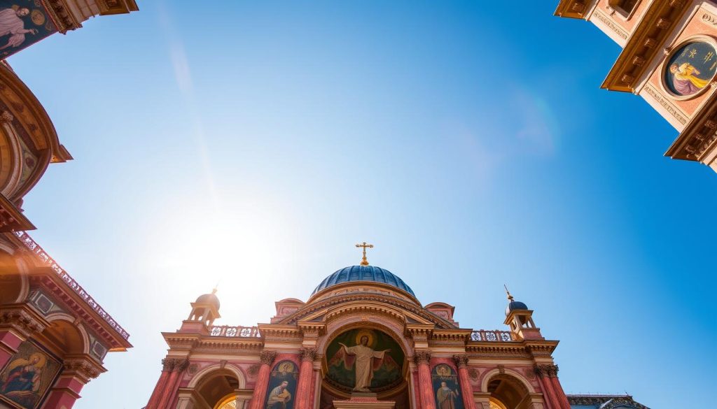 A grandiose Byzantine church stands tall, its domed roof reaching skyward against a backdrop of a clear, azure sky. The sun's warm rays filter through the intricate stained-glass windows, casting a soft, golden glow over the ornate interior. Intricate mosaics and frescoes adorn the walls, depicting scenes from the life of Christ and the saints. The air is filled with the scent of incense and the sound of chanting echoes through the spacious hall. In the center, the imposing figure of the Pantokrator, Christ the Almighty, gazes down benevolently upon the faithful. The architecture is a harmonious blend of Byzantine and classical styles, a testament to the enduring legacy of this historic religious center.