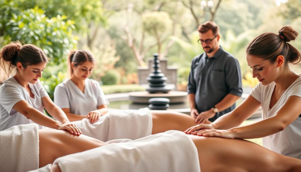 A group of professional massage therapists and wellness experts gathered in a serene, natural setting. The foreground features three individuals engaged in various massage techniques, their skilled hands expertly manipulating the muscles of their clients. The middle ground showcases a range of wellness treatments, including aromatherapy, hot stone therapy, and reflexology. The background is a tranquil outdoor scene, with lush greenery, a calming water feature, and soft, diffused lighting creating a peaceful, rejuvenating atmosphere. The image conveys the expertise, professionalism, and holistic approach of the therapists, perfectly capturing the essence of the "Profesyonel Masözler ile Avrupa Yakası'nda Masaj ve Wellness Rehberi" article and the "Profesyonel masöz ve terapist uzmanlıkları" section. A group of professional massage therapists and wellness experts gathered in a serene, natural setting. The foreground features three individuals engaged in various massage techniques, their skilled hands expertly manipulating the muscles of their clients. The middle ground showcases a range of wellness treatments, including aromatherapy, hot stone therapy, and reflexology. The background is a tranquil outdoor scene, with lush greenery, a calming water feature, and soft, diffused lighting creating a peaceful, rejuvenating atmosphere. The image conveys the expertise, professionalism, and holistic approach of the therapists, perfectly capturing the essence of the "Profesyonel Masözler ile Avrupa Yakası'nda Masaj ve Wellness Rehberi" article and the "Profesyonel masöz ve terapist uzmanlıkları" section.