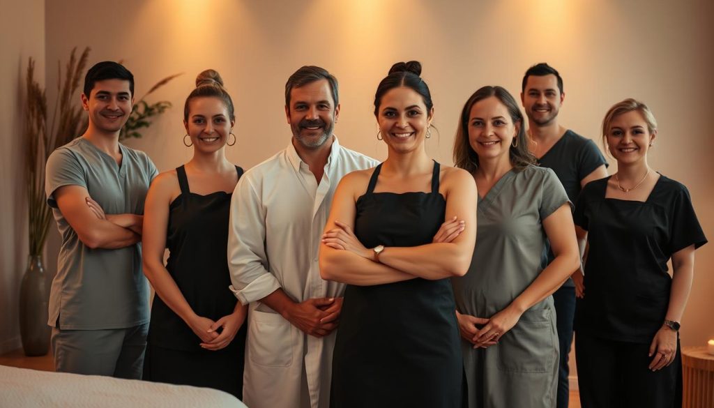 A group of skilled and experienced massage therapists stand ready to provide personalized, professional care. Illuminated by soft, warm lighting, the team is captured in a serene, spa-like setting. Each therapist has a focused, attentive expression, conveying their dedication to therapeutic techniques and client well-being. The scene evokes a sense of tranquility and relaxation, with muted tones and a natural, harmonious composition. The therapists' postures and gestures suggest expertise, empathy, and a commitment to delivering an exceptional massage experience. A group of skilled and experienced massage therapists stand ready to provide personalized, professional care. Illuminated by soft, warm lighting, the team is captured in a serene, spa-like setting. Each therapist has a focused, attentive expression, conveying their dedication to therapeutic techniques and client well-being. The scene evokes a sense of tranquility and relaxation, with muted tones and a natural, harmonious composition. The therapists' postures and gestures suggest expertise, empathy, and a commitment to delivering an exceptional massage experience.