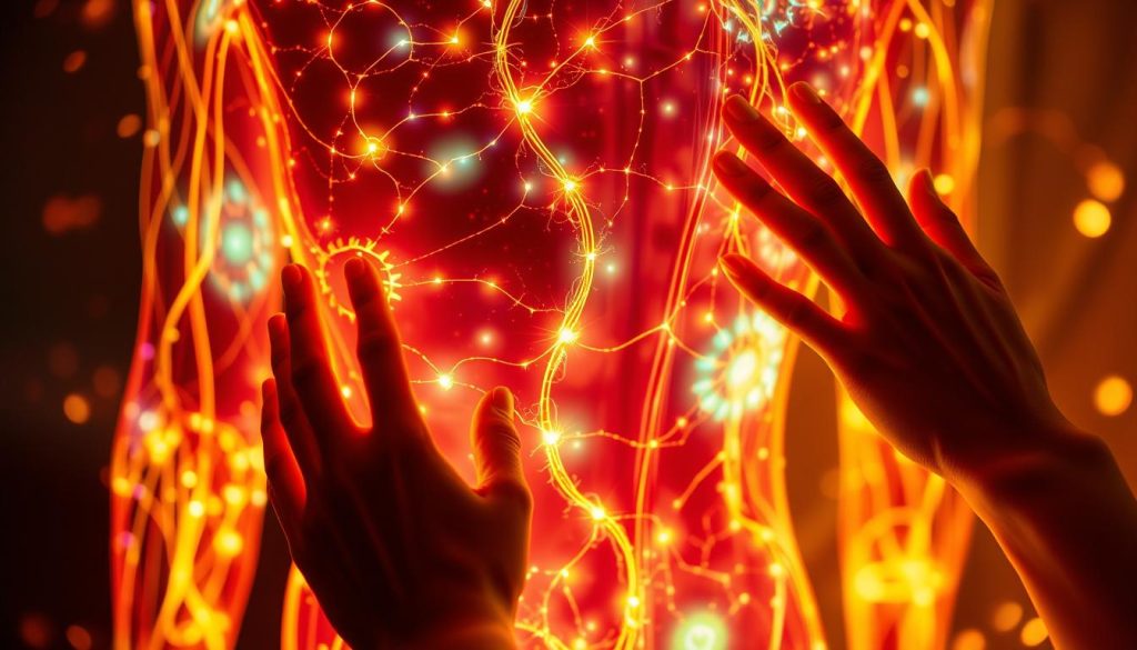 A harmonious flow of energy coursing through the human body, a tapestry of vibrant hues and intricate patterns. Glowing meridians and chakras pulsing with vitality, interwoven with delicate tendrils of light. Hands tracing the contours, unlocking blocked pathways, restoring balance and harmony. Soft, warm lighting casts a serene glow, capturing the essence of the energy system in a moment of tranquil contemplation. Layered textures and organic shapes create a visually captivating scene, embodying the restorative power of massage therapy. A harmonious flow of energy coursing through the human body, a tapestry of vibrant hues and intricate patterns. Glowing meridians and chakras pulsing with vitality, interwoven with delicate tendrils of light. Hands tracing the contours, unlocking blocked pathways, restoring balance and harmony. Soft, warm lighting casts a serene glow, capturing the essence of the energy system in a moment of tranquil contemplation. Layered textures and organic shapes create a visually captivating scene, embodying the restorative power of massage therapy.