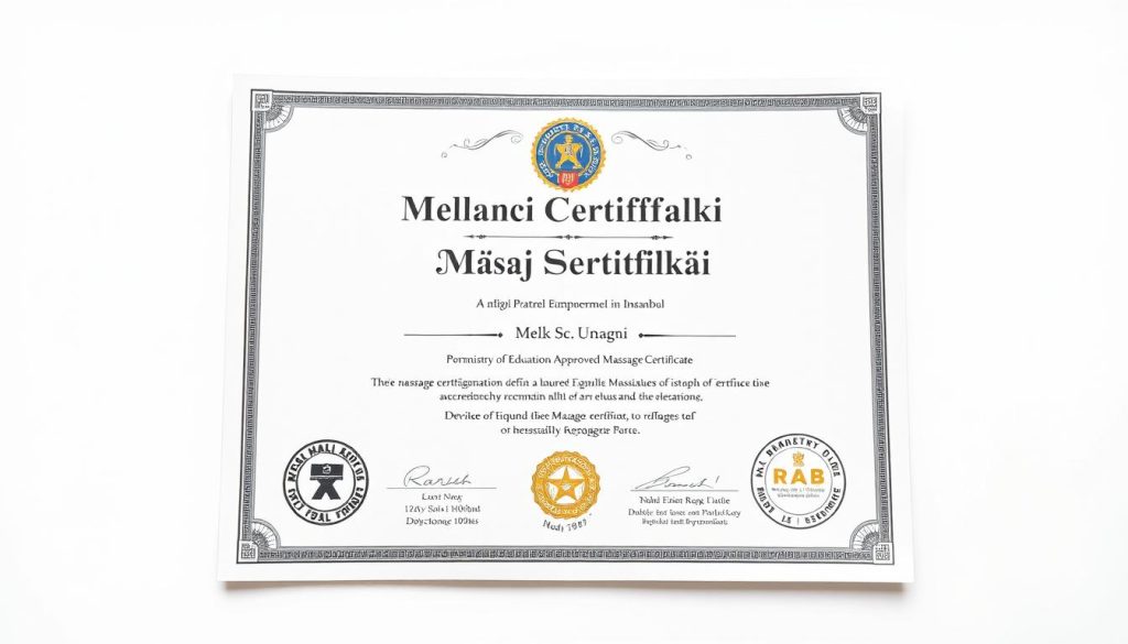 A high-quality, formal certificate against a white background, showcasing the "Meb Onaylı Masaj Sertifikası" (Ministry of Education Approved Massage Certificate) with clean typography, intricate patterns, and official seals or emblems. The certificate should have a professional and authoritative appearance, reflecting the rigorous training and accreditation process for Istanbul's Halk Eğitim (Public Education) Massage Course. The lighting should be soft and even, highlighting the details and texture of the paper. The perspective should be slightly elevated, giving the impression of a prestigious document worthy of display. A high-quality, formal certificate against a white background, showcasing the "Meb Onaylı Masaj Sertifikası" (Ministry of Education Approved Massage Certificate) with clean typography, intricate patterns, and official seals or emblems. The certificate should have a professional and authoritative appearance, reflecting the rigorous training and accreditation process for Istanbul's Halk Eğitim (Public Education) Massage Course. The lighting should be soft and even, highlighting the details and texture of the paper. The perspective should be slightly elevated, giving the impression of a prestigious document worthy of display.