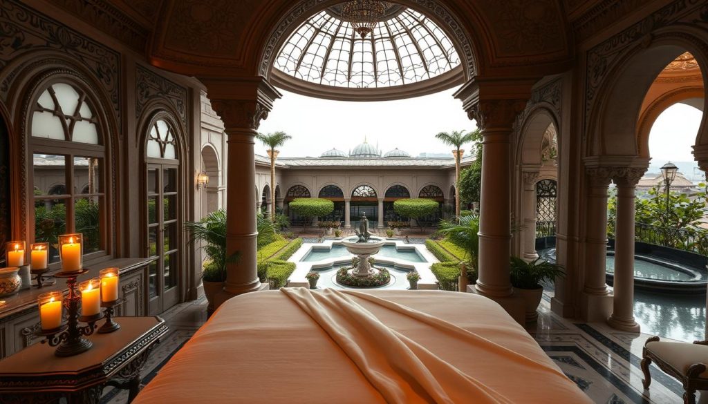 A lavish, historical spa oasis nestled within the opulent surroundings of an Ottoman palace. The foreground features a serene, candlelit massage table draped in luxurious linens, with ornate, antique-style furnishings and gilded accents. The middle ground showcases a grand, domed interior with intricate tilework, arched windows offering views of a tranquil courtyard garden. The background depicts a lush, manicured outdoor space with verdant foliage, shimmering pools, and a distant horizon of historic Istanbul's iconic silhouette. Soft, warm lighting casts a romantic, immersive ambiance throughout the scene.