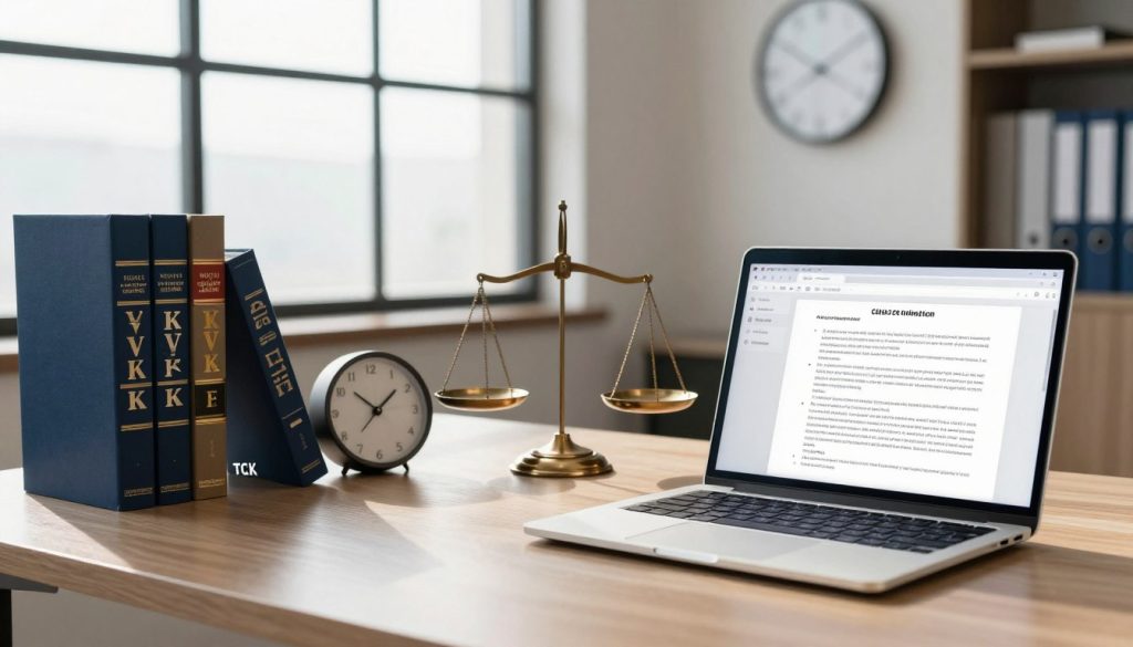 A lawyer's desk in a professional office setting, showcasing law books on personal data protection, with emphasized titles like 'KVKK' and 'TCK'. In the foreground, a sleek laptop displays an open document showing legal guidelines. In the middle, a scale of justice symbolizes the balance between personal rights and data security, flanked by a modern clock indicating the timely importance of legal compliance. The background features a large window with natural light spilling in, illuminating the room and casting soft shadows, creating an atmosphere of seriousness and professionalism. The color palette is composed of deep blues and earthy tones, enhancing the mood of trust and confidentiality in legal matters. The image is clean and clutter-free, aimed at conveying a sense of security in the realm of data protection.