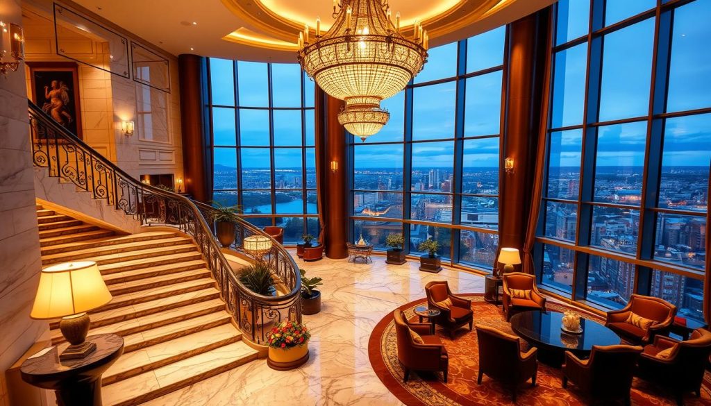 A luxurious 5-star hotel interior with an opulent lobby, featuring a grand marble staircase, ornate chandeliers, and plush velvet furnishings. The space is bathed in warm, golden lighting, creating a cozy and inviting atmosphere. In the background, a large window offers a panoramic view of a picturesque cityscape. The image conveys a sense of refined elegance and high-end sophistication, perfectly capturing the essence of a premium hotel experience. A luxurious 5-star hotel interior with an opulent lobby, featuring a grand marble staircase, ornate chandeliers, and plush velvet furnishings. The space is bathed in warm, golden lighting, creating a cozy and inviting atmosphere. In the background, a large window offers a panoramic view of a picturesque cityscape. The image conveys a sense of refined elegance and high-end sophistication, perfectly capturing the essence of a premium hotel experience.