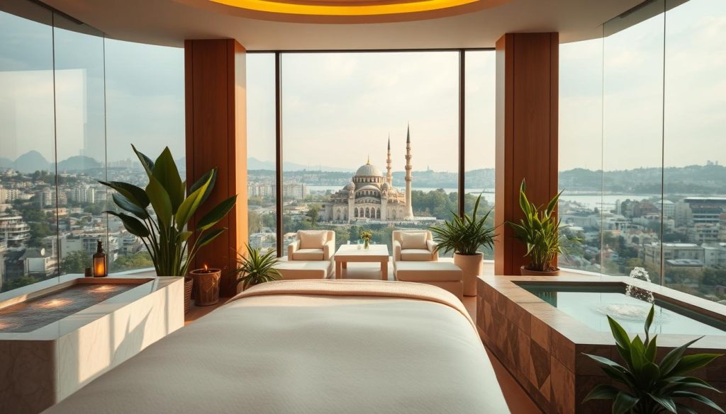 A luxurious Istanbul spa center, illuminated by soft, warm lighting that creates a serene, spa-like atmosphere. The foreground features a plush, white massage table surrounded by lush, green plants and soothing water features. The middle ground showcases elegant, minimalist decor with natural materials like wood and stone, complementing the overall calming ambiance. The background reveals a panoramic view of the stunning Istanbul skyline, with the iconic Hagia Sophia and Blue Mosque in the distance, providing a picturesque backdrop. The image evokes a sense of tranquility and pampering, perfect for showcasing the exclusive spa packages catered to brides-to-be in Istanbul. A luxurious Istanbul spa center, illuminated by soft, warm lighting that creates a serene, spa-like atmosphere. The foreground features a plush, white massage table surrounded by lush, green plants and soothing water features. The middle ground showcases elegant, minimalist decor with natural materials like wood and stone, complementing the overall calming ambiance. The background reveals a panoramic view of the stunning Istanbul skyline, with the iconic Hagia Sophia and Blue Mosque in the distance, providing a picturesque backdrop. The image evokes a sense of tranquility and pampering, perfect for showcasing the exclusive spa packages catered to brides-to-be in Istanbul.