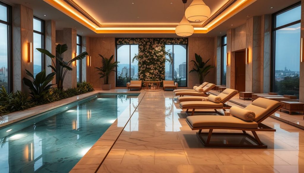A luxurious Istanbul spa sanctuary, bathed in warm, diffused lighting. Elegant marble surfaces, plush reclined chairs, and soothing water features set the stage for a tranquil wellbeing experience. Lush greenery and soft textures create a serene, nature-inspired ambiance. Sophisticated lighting fixtures cast a gentle glow, while large windows offer glimpses of the vibrant city beyond. High ceilings and minimalist decor evoke a sense of spaciousness and calm. Calming aromatherapy and soft, instrumental music heighten the restorative atmosphere. A haven of relaxation and rejuvenation, where visitors can disconnect and indulge in the transformative power of wellness.