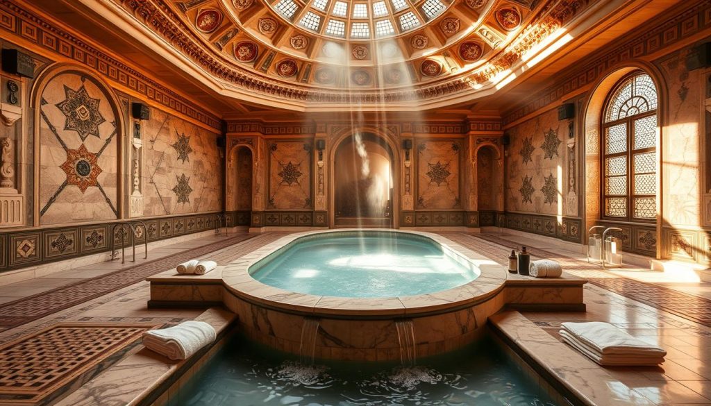 A luxurious Turkish bath set within the opulent Çırağan Palace, bathed in warm, natural light filtering through the ornate domed ceiling. Intricate tile patterns and carved marble surfaces create an atmosphere of tranquil elegance. Steaming water cascades into a central marble pool, the air filled with the scent of fragrant oils. Plush towels and luxurious amenities hint at the high-end spa experience. The scene evokes the grandeur of the Ottoman era, yet with a modern sensibility that invites guests to indulge in timeless relaxation and rejuvenation. A luxurious Turkish bath set within the opulent Çırağan Palace, bathed in warm, natural light filtering through the ornate domed ceiling. Intricate tile patterns and carved marble surfaces create an atmosphere of tranquil elegance. Steaming water cascades into a central marble pool, the air filled with the scent of fragrant oils. Plush towels and luxurious amenities hint at the high-end spa experience. The scene evokes the grandeur of the Ottoman era, yet with a modern sensibility that invites guests to indulge in timeless relaxation and rejuvenation.