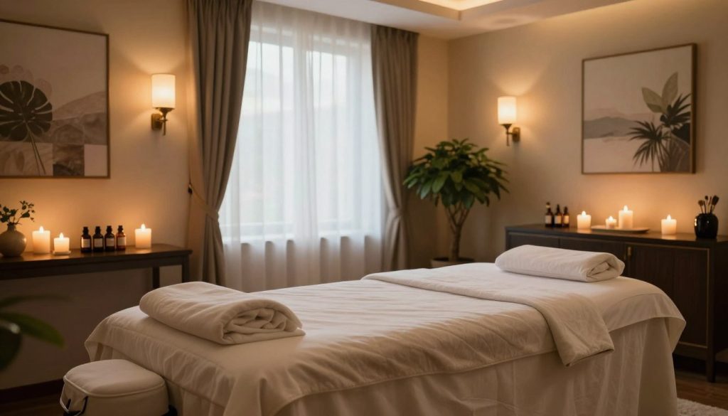 A luxurious VIP massage room featuring elegant decor and soothing atmosphere. In the foreground, a plush massage table with soft, premium linens, surrounded by aromatic candles and an array of essential oils. The middle ground includes soft ambient lighting emanating from stylish sconces, casting a warm glow over the space. In the background, large windows draped with sheer curtains allowing soft natural light to filter in, complementing the tranquil vibes. The walls adorned with calming artwork and plush greenery, creating a serene environment. The overall mood is one of relaxation and indulgence, evoking a sense of exclusivity and pampering. The scene is devoid of any people, focusing solely on the opulence of a VIP massage experience.