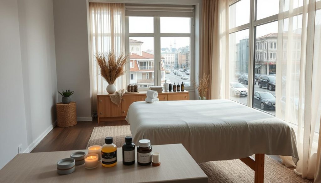 A luxurious and serene boutique massage studio in the heart of Istanbul, nestled amidst the vibrant cityscape. Soft lighting filters through the large windows, casting a warm glow on the minimalist, yet cozy interior design. Plush fabrics, natural materials, and tasteful decor create an atmosphere of tranquility and rejuvenation. In the foreground, a neatly arranged array of massage oils, candles, and other wellness accoutrements beckon guests to indulge in a personalized pampering experience. The middle ground features a beautifully crafted, low-profile massage table, ready to welcome the weary and offer respite. In the background, the bustling streets of Istanbul are visible through the windows, a subtle reminder of the city's dynamic energy, yet safely separated from the sanctuary within.