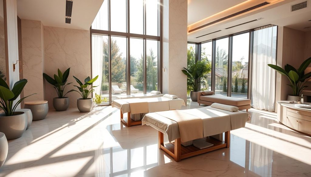 A luxurious and serene boutique spa nestled in the heart of Istanbul, showcasing its elegant interiors and tranquil ambiance. Sunlight filters through large windows, casting a warm glow on the polished marble floors and plush, modern furnishings. Guests recline on comfortable massage tables, surrounded by soothing neutral tones and calming botanical accents. The atmosphere exudes a sense of refined relaxation, inviting visitors to indulge in the city's finest pampering experiences.