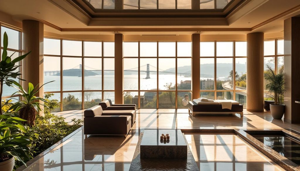 A luxurious and serene oasis overlooking the shimmering Bosphorus Strait. The Spa at Four Seasons Hotel Bosphorus, a tranquil haven nestled amidst lush greenery and elegant architecture. Sunlight filters through large windows, casting a warm glow on the sophisticated interiors - plush leather chairs, polished marble floors, and soothing water features. In the distance, the iconic bridges of Istanbul bridge the old and new, as guests indulge in rejuvenating treatments, soothing massages, and holistic wellness rituals. An atmosphere of refined relaxation and urbane sophistication, a harmonious escape from the bustling city. A luxurious and serene oasis overlooking the shimmering Bosphorus Strait. The Spa at Four Seasons Hotel Bosphorus, a tranquil haven nestled amidst lush greenery and elegant architecture. Sunlight filters through large windows, casting a warm glow on the sophisticated interiors - plush leather chairs, polished marble floors, and soothing water features. In the distance, the iconic bridges of Istanbul bridge the old and new, as guests indulge in rejuvenating treatments, soothing massages, and holistic wellness rituals. An atmosphere of refined relaxation and urbane sophistication, a harmonious escape from the bustling city.