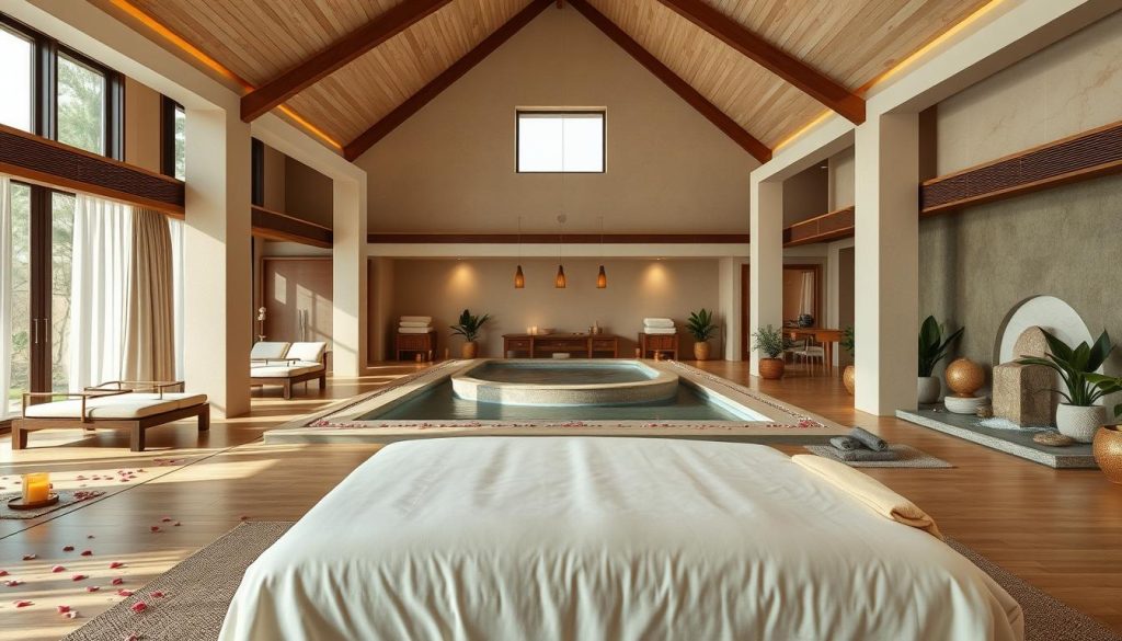 A luxurious and serene spa oasis, with an expansive open-plan layout featuring high ceilings, natural light, and plush furnishings. In the foreground, an elegantly designed massage table with crisp linens awaits, surrounded by scattered flower petals and soothing candles. The middle ground showcases a variety of spa amenities, including a tranquil hydrotherapy pool, relaxation loungers, and a selection of premium massage oils. The background depicts a calming, nature-inspired setting, with potted plants, gentle waterfalls, and muted, earthy tones throughout, evoking a sense of serenity and wellness. A luxurious and serene spa oasis, with an expansive open-plan layout featuring high ceilings, natural light, and plush furnishings. In the foreground, an elegantly designed massage table with crisp linens awaits, surrounded by scattered flower petals and soothing candles. The middle ground showcases a variety of spa amenities, including a tranquil hydrotherapy pool, relaxation loungers, and a selection of premium massage oils. The background depicts a calming, nature-inspired setting, with potted plants, gentle waterfalls, and muted, earthy tones throughout, evoking a sense of serenity and wellness.