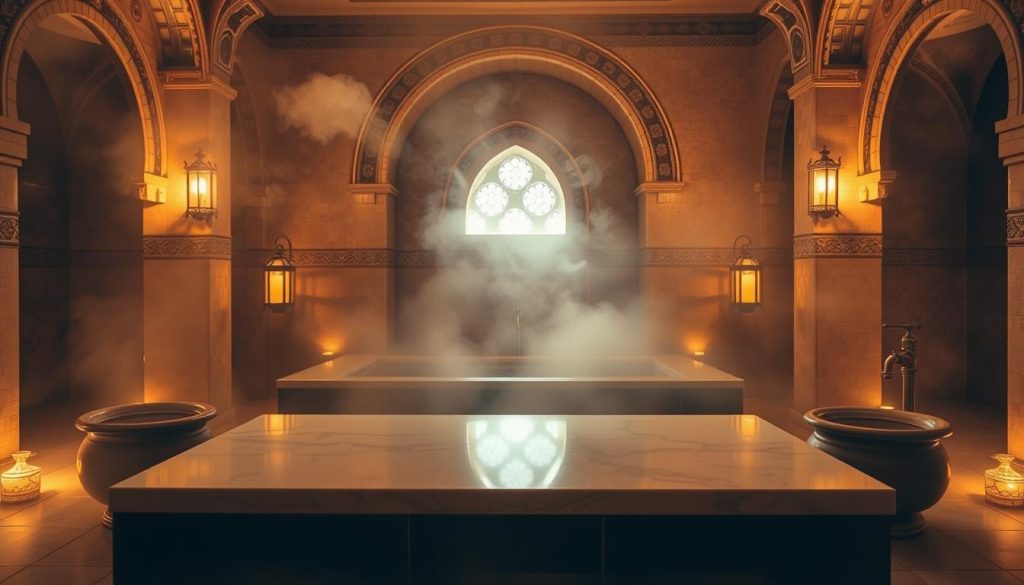 A luxurious couple's hammam experience in Istanbul, bathed in soft, golden light. A spacious, tiled hammam chamber with ornate arches and intricate mosaics. Plumes of fragrant steam gently fill the air, creating an atmosphere of tranquility and relaxation. In the foreground, a large, heated marble slab invites guests to recline and unwind. Surrounding it, ornate ceramic basins and brass taps await, ready to dispense warm, cleansing waters. Ornamental lanterns cast a warm, ambient glow, enhancing the serene, almost ethereal mood. This private, exclusive retreat offers couples a chance to indulge in a truly memorable hammam ritual, a perfect fusion of tradition and modern luxury. A luxurious couple's hammam experience in Istanbul, bathed in soft, golden light. A spacious, tiled hammam chamber with ornate arches and intricate mosaics. Plumes of fragrant steam gently fill the air, creating an atmosphere of tranquility and relaxation. In the foreground, a large, heated marble slab invites guests to recline and unwind. Surrounding it, ornate ceramic basins and brass taps await, ready to dispense warm, cleansing waters. Ornamental lanterns cast a warm, ambient glow, enhancing the serene, almost ethereal mood. This private, exclusive retreat offers couples a chance to indulge in a truly memorable hammam ritual, a perfect fusion of tradition and modern luxury.