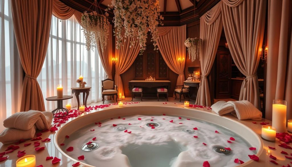 A luxurious couples-only spa suite, awash in soft candlelight and rose petals. The centerpiece is a sprawling jacuzzi, its steaming waters beckoning with the promise of intimate relaxation. Plush towels and bathrobes await, set against a backdrop of rich, velvety drapes and ornate wooden furnishings. Delicate blooms cascade from hanging baskets, their fragrance mingling with the soothing scent of essential oils. The atmosphere is one of secluded indulgence, a private oasis of romance and pampering, just for two.
