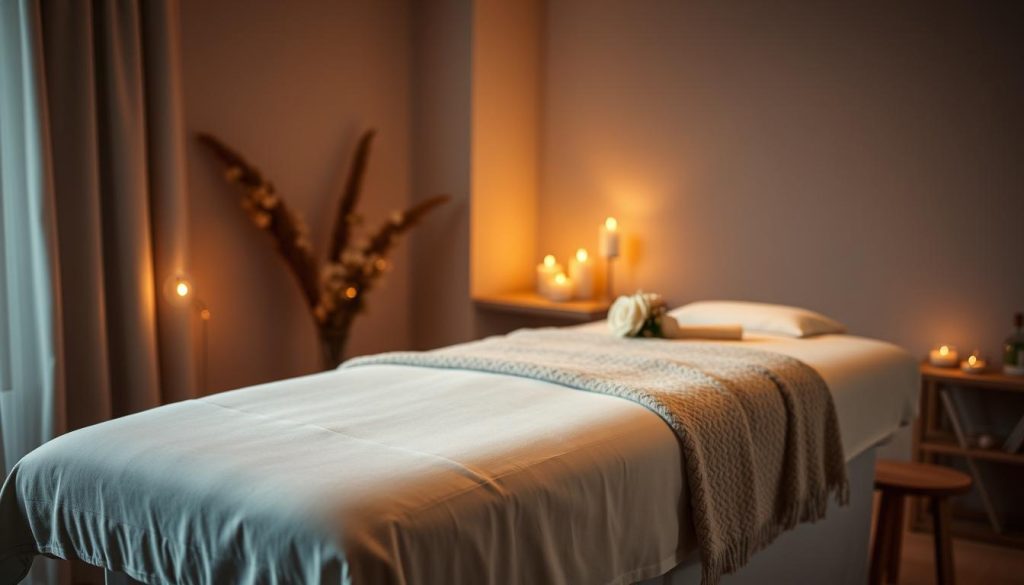 A luxurious in-home massage experience, with a plush massage table set against a serene, dimly lit bedroom. Soft lighting illuminates the space, creating a tranquil atmosphere. Aromatic candles flicker, filling the air with calming scents. Delicate floral accents and a cozy throw blanket add a touch of elegance. The massage table is dressed in high-quality linens, inviting the recipient to indulge in a moment of pure relaxation. The scene evokes a sense of indulgence, comfort, and an escape from the outside world, all within the comfort of one's own home.