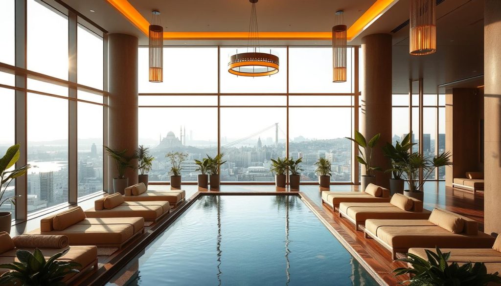 A luxurious indoor spa with a panoramic view of the Istanbul skyline. The large, airy space is bathed in warm, natural light filtering through floor-to-ceiling windows. Plush, modern furnishings in soothing earth tones invite guests to relax and unwind. A tranquil pool at the center reflects the city's iconic silhouette. Elegant light fixtures cast a soft, ambient glow, creating a serene, calming atmosphere. Lush, verdant potted plants line the perimeter, adding a touch of nature. The scene exudes a sense of sophisticated, urban wellness and serenity.
