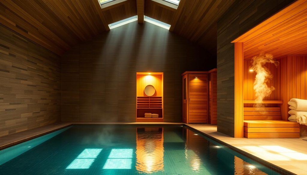 A luxurious indoor wellness retreat, with a large, dimly lit swimming pool surrounded by sleek, tiled walls. Overhead, a high arched ceiling allows natural light to filter in, casting a warm, golden glow. In the foreground, a traditional wood-paneled sauna emits wisps of fragrant steam, while a separate, steam-filled chamber offers a tranquil respite. The overall atmosphere is one of soothing relaxation, with subtle hints of modern elegance.