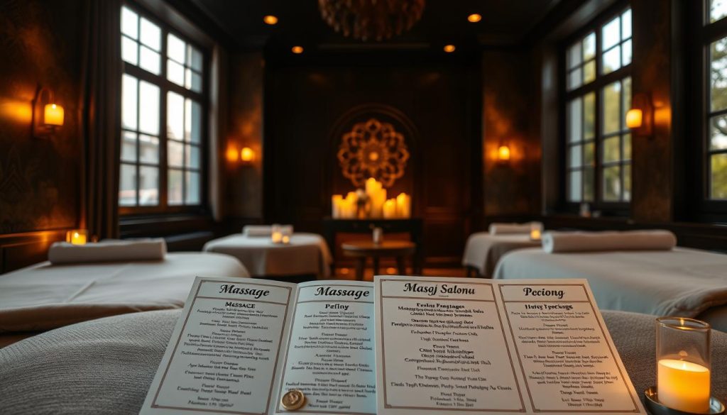 A luxurious massage parlor in the heart of Fikirtepe, Istanbul, offering a serene and rejuvenating experience. The dimly lit interior exudes a warm, inviting ambiance, with plush massage tables and soothing aromas. Soft lighting from sconces and candles creates a tranquil atmosphere, while large windows allow natural light to filter in, casting a golden glow. In the foreground, a carefully curated selection of massage packages and pricing options is displayed, showcasing the various treatments and customizable experiences available. The overall composition conveys a sense of relaxation, indulgence, and attention to detail, perfectly encapsulating the essence of the Fikirtepe Masaj Salonu.