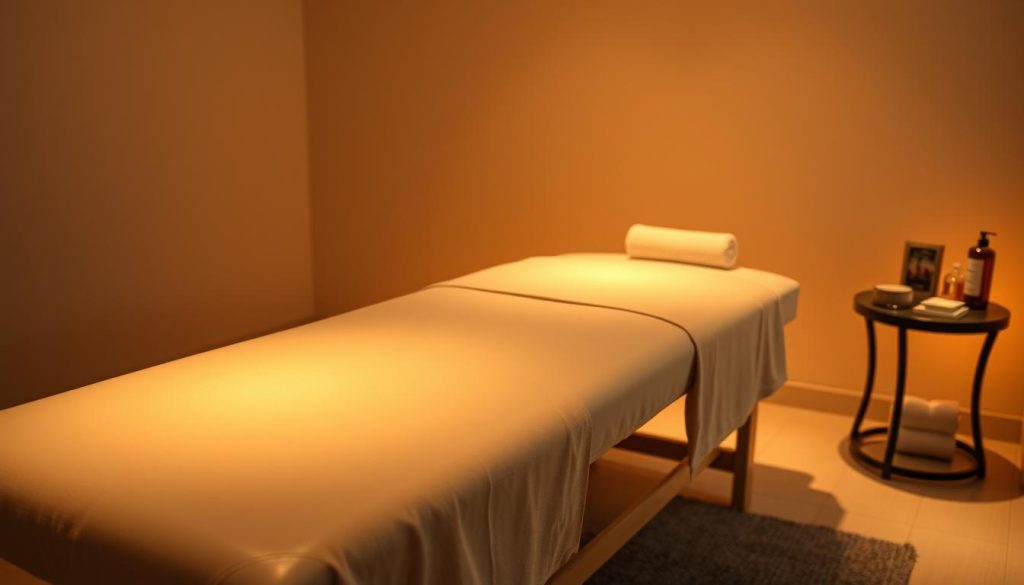 A luxurious massage table in a serene, dimly lit room. The table's smooth, sleek surface reflects the warm, ambient lighting, creating a tranquil atmosphere. Soft, natural fabrics drape the table, inviting the user to relax. The table's ergonomic design and adjustable height provide optimal comfort and support for a range of massage techniques. Various massage accessories, such as oil bottles and towels, are neatly arranged on a side table, completing the professional, spa-like setting. The scene conveys a sense of peaceful indulgence, perfectly suited for a wide range of massage therapy applications.