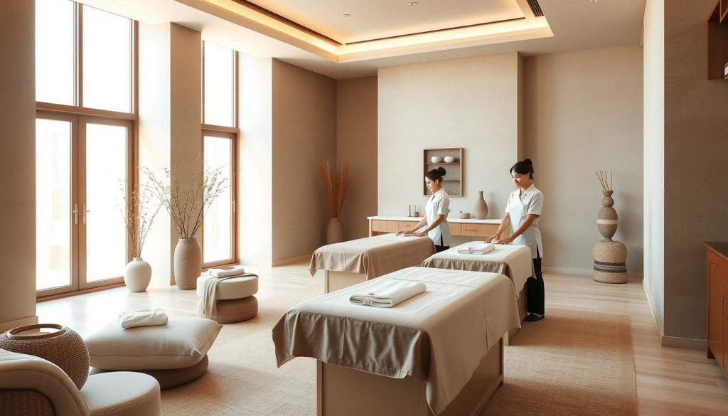 A luxurious, modern spa interior with serene, natural lighting filtering through large windows. Soft, neutral-toned furnishings and calming, earthy décor create an atmosphere of tranquility. The massage area features plush treatment tables, soothing aromatherapy diffusers, and discreet massage therapists in pristine uniforms, ready to provide professional, personalized services. The background showcases a minimalist, Turkish-inspired architectural design with clean lines and subtle cultural accents. An elegant, zen-like ambiance evokes a sense of holistic wellness and relaxation.