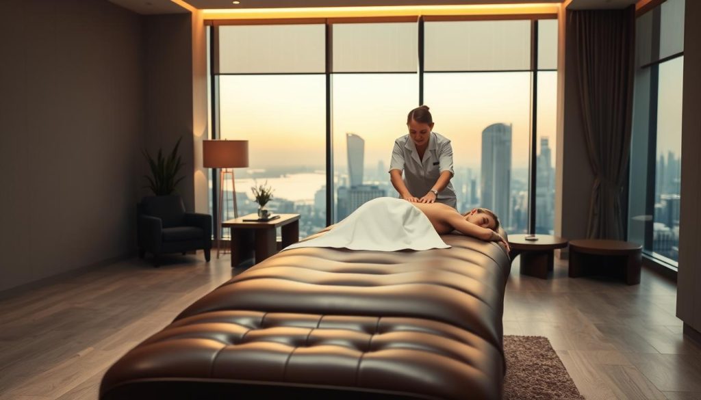 A luxurious office massage scene with a plush leather massage table in the foreground, surrounded by minimalist decor and modern furniture. Soft, indirect lighting creates a calming, spa-like ambiance. In the middle ground, a massage therapist in a crisp white uniform performs a soothing, therapeutic massage on a VIP client. The background features floor-to-ceiling windows overlooking a serene urban cityscape, hinting at the corporate setting. The overall mood is one of relaxation, rejuvenation, and elevated workplace wellness. A luxurious office massage scene with a plush leather massage table in the foreground, surrounded by minimalist decor and modern furniture. Soft, indirect lighting creates a calming, spa-like ambiance. In the middle ground, a massage therapist in a crisp white uniform performs a soothing, therapeutic massage on a VIP client. The background features floor-to-ceiling windows overlooking a serene urban cityscape, hinting at the corporate setting. The overall mood is one of relaxation, rejuvenation, and elevated workplace wellness.