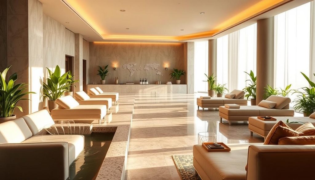 A luxurious spa center nestled in the heart of Istanbul, bathed in warm, natural lighting that filters through floor-to-ceiling windows. Plush, contemporary furnishings create an atmosphere of refined elegance, while soothing water features and lush, verdant plants evoke a sense of tranquility. Guests are invited to indulge in a variety of premium treatments, from rejuvenating facials to decadent body massages, all within this oasis of relaxation and rejuvenation. The spa's sleek, modern design and high-end amenities combine to offer a truly luxurious and elevated wellness experience. A luxurious spa center nestled in the heart of Istanbul, bathed in warm, natural lighting that filters through floor-to-ceiling windows. Plush, contemporary furnishings create an atmosphere of refined elegance, while soothing water features and lush, verdant plants evoke a sense of tranquility. Guests are invited to indulge in a variety of premium treatments, from rejuvenating facials to decadent body massages, all within this oasis of relaxation and rejuvenation. The spa's sleek, modern design and high-end amenities combine to offer a truly luxurious and elevated wellness experience.