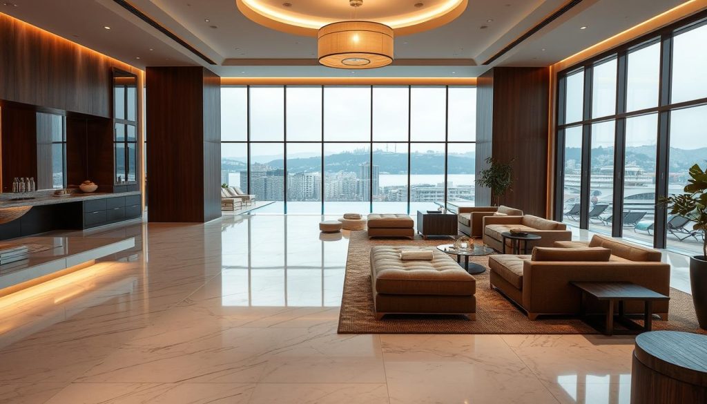 A luxurious spa center nestled in the heart of Istanbul, with a soothing ambiance and state-of-the-art facilities. The expansive lobby features marble floors, plush lounge areas, and tasteful decor that evokes a sense of tranquility. Soft, diffused lighting casts a warm glow, while large windows offer panoramic views of the city skyline. In the distance, a serene indoor pool reflects the surrounding architecture, inviting guests to indulge in a rejuvenating swim. Separate treatment rooms await, each designed with natural materials and calming color palettes, offering a range of massage, facial, and wellness services for a truly restorative experience.