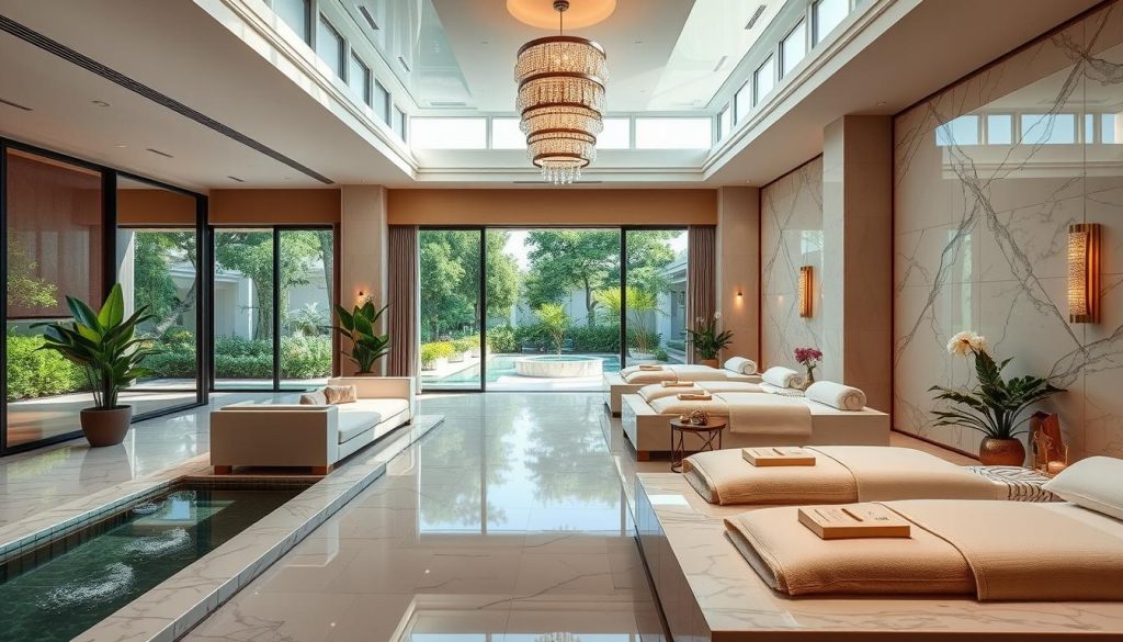 A luxurious spa experience captured in an elegant, serene setting. A sunlit, expansive lobby with plush, neutral-toned furnishings and floor-to-ceiling windows overlooking a lush, tranquil garden. Gleaming, marble-clad treatment rooms with modern, minimalist decor and soft, diffused lighting. Soothing water features and natural elements like potted plants create a calming, spa-like ambiance. The overall aesthetic is one of refined sophistication, designed to evoke a sense of relaxation and rejuvenation. High-quality services and amenities are showcased, inviting visitors to indulge in a luxurious spa day.
