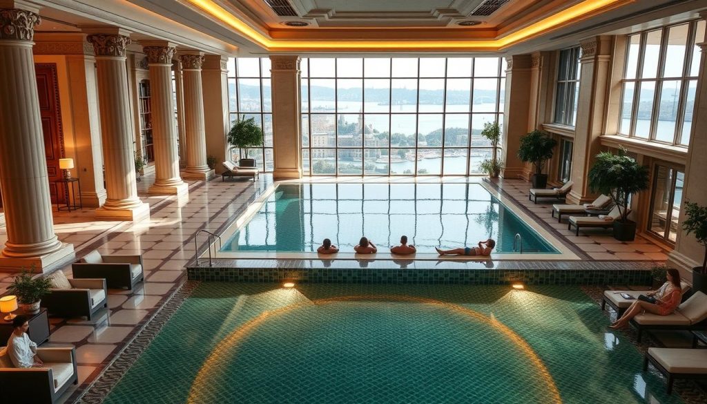 A luxurious spa hotel nestled in the heart of Istanbul, surrounded by the city's historic architecture. The grand facade features elegant columns and ornate details, bathed in warm, golden lighting. Stepping inside, the opulent lobby exudes a serene, spa-like ambiance with soft, natural tones and plush furnishings. In the distance, a tranquil indoor pool reflects the intricate, patterned tiles lining the walls. Guests unwind on lounge chairs, gazing out at the stunning views of the Bosphorus Strait beyond. Soft natural light filters through large windows, creating a calming, rejuvenating atmosphere perfect for a soothing spa experience.