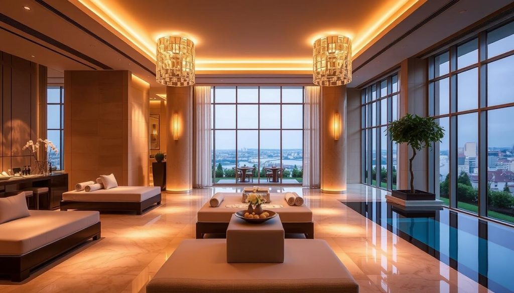 A luxurious spa in the heart of Istanbul, the Spa Mandarin exudes an elegant and serene ambiance. The spacious interiors feature floor-to-ceiling windows that flood the space with natural light, creating a warm and inviting atmosphere. Plush, neutral-toned furnishings and meticulously manicured gardens set the stage for a tranquil and rejuvenating experience. The spa's state-of-the-art facilities include a Turkish hammam, sauna, and infinity pool with stunning city views. Skilled therapists offer bespoke treatments using premium, locally-sourced ingredients, culminating in a truly indulgent and personalized wellness journey. A luxurious spa in the heart of Istanbul, the Spa Mandarin exudes an elegant and serene ambiance. The spacious interiors feature floor-to-ceiling windows that flood the space with natural light, creating a warm and inviting atmosphere. Plush, neutral-toned furnishings and meticulously manicured gardens set the stage for a tranquil and rejuvenating experience. The spa's state-of-the-art facilities include a Turkish hammam, sauna, and infinity pool with stunning city views. Skilled therapists offer bespoke treatments using premium, locally-sourced ingredients, culminating in a truly indulgent and personalized wellness journey.