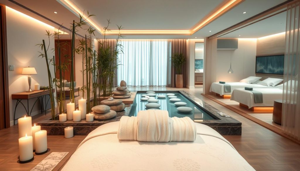 A luxurious spa interior showcasing the essence of relaxation and tranquility. In the foreground, a serene massage table adorned with fluffy white towels and aromatic candles, exuding a calming ambiance. In the middle ground, a beautifully arranged tranquility area featuring bamboo plants, smooth stones, and calming water features, creating a harmonious atmosphere. In the background, elegantly designed spa rooms with soft, ambient lighting, and soothing color palettes of soft blues and earthy tones. Natural light streaming through sheer curtains adds warmth to the scene. The overall mood is peaceful and inviting, embodying an ultimate spa experience in Istanbul. No people are present, ensuring focus on the serene environment.