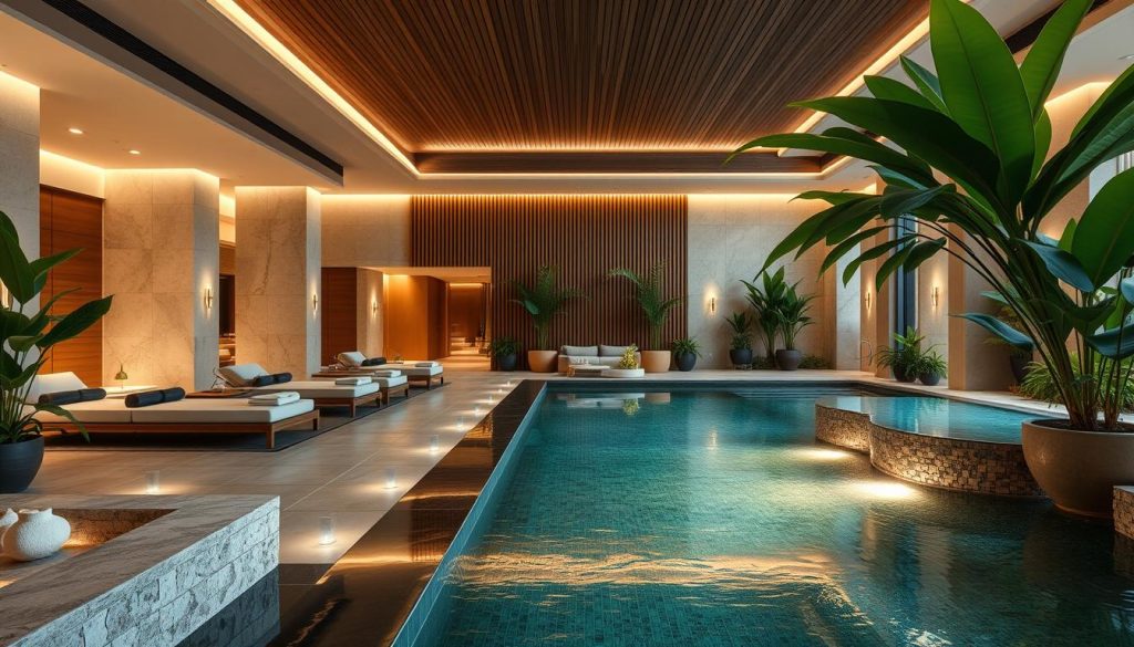 A luxurious spa oasis nestled in a tranquil urban setting. The interior features a serene blend of natural materials, soft lighting, and elegant design elements. Plush lounge areas, soothing water features, and an inviting pool set the stage for ultimate relaxation. Clients can indulge in a variety of rejuvenating treatments, from massages to facials, in private, well-appointed treatment rooms. Lush greenery and a calming ambiance envelope the space, creating a sanctuary of wellness and pampering in the heart of the bustling city.