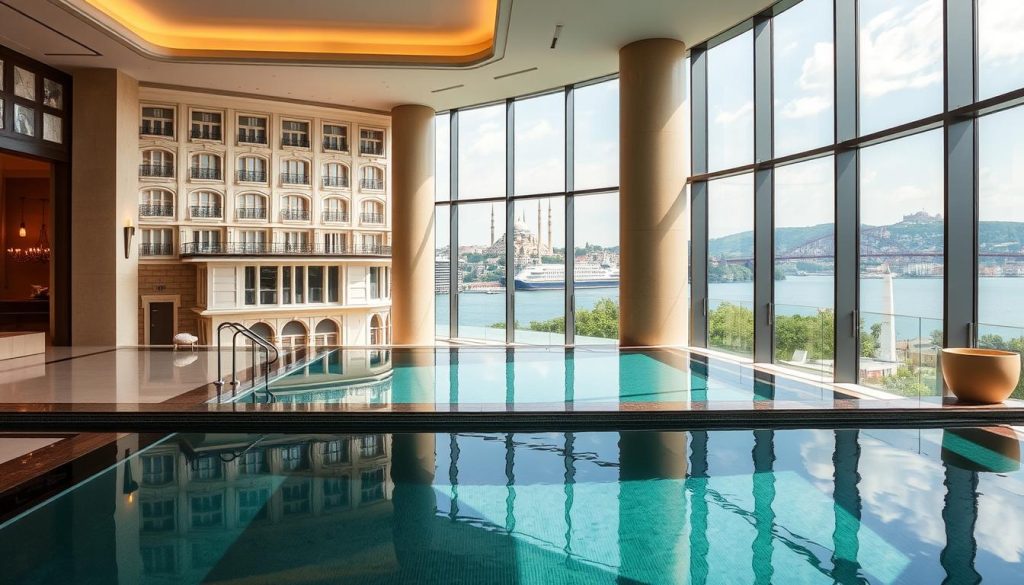 A luxurious spa overlooking the Bosphorus in Istanbul, Mandarin Oriental's grand, elegant facade is reflected in the tranquil waters. The interior exudes a serene, spa-like ambiance with soft lighting, natural materials, and a harmonious blend of Eastern and Western design elements. The foreground showcases the spa's serene, minimalist aesthetic, while the middle ground reveals the stunning Bosphorus vista through large windows. The background features the iconic Istanbul skyline with its historic landmarks and lush greenery. The overall scene conveys a sense of peaceful, indulgent relaxation amidst the city's vibrant energy.