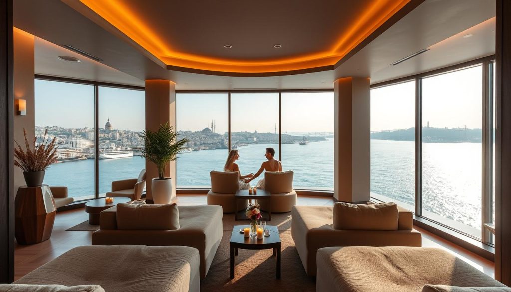A luxurious spa overlooking the majestic Bosphorus Strait, with a serene and calming atmosphere. The interior is bathed in warm, diffused lighting, creating a cozy and intimate ambiance. Plush, contemporary furnishings adorn the space, complemented by floor-to-ceiling windows that offer a breathtaking panoramic view of the iconic Istanbul skyline and the glistening waters below. Soft, natural textures and neutral tones harmonize to evoke a sense of tranquility and relaxation. A harmonious blend of modern and traditional design elements, this Bosphorus-facing spa provides a private, exclusive haven for couples seeking a romantic, indulgent experience.