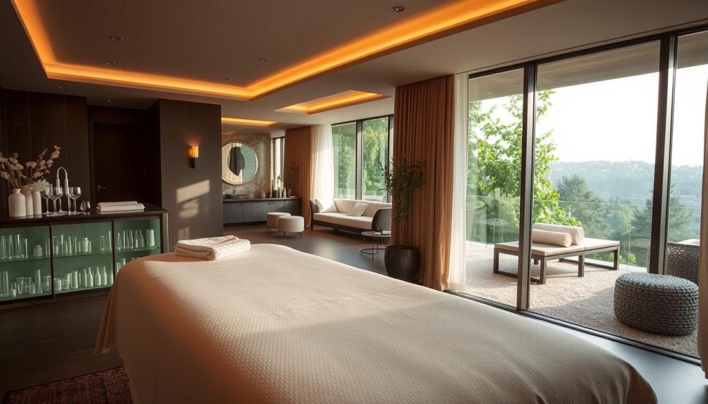 A luxurious spa retreat nestled in the lush greenery of Şile, Istanbul. Soft lighting casts a warm glow over the tranquil space, accentuating the elegant decor and plush fabrics. In the foreground, a sleek, modern massage table invites guests to indulge in personalized, rejuvenating treatments. The middle ground reveals a cozy relaxation area, complete with comfortable seating and soothing aromas. In the background, a wall of floor-to-ceiling windows offers a serene view of the surrounding natural landscape, creating a sense of peace and escape. The overall atmosphere is one of luxurious pampering, designed to transport visitors to a world of total relaxation and rejuvenation. A luxurious spa retreat nestled in the lush greenery of Şile, Istanbul. Soft lighting casts a warm glow over the tranquil space, accentuating the elegant decor and plush fabrics. In the foreground, a sleek, modern massage table invites guests to indulge in personalized, rejuvenating treatments. The middle ground reveals a cozy relaxation area, complete with comfortable seating and soothing aromas. In the background, a wall of floor-to-ceiling windows offers a serene view of the surrounding natural landscape, creating a sense of peace and escape. The overall atmosphere is one of luxurious pampering, designed to transport visitors to a world of total relaxation and rejuvenation.