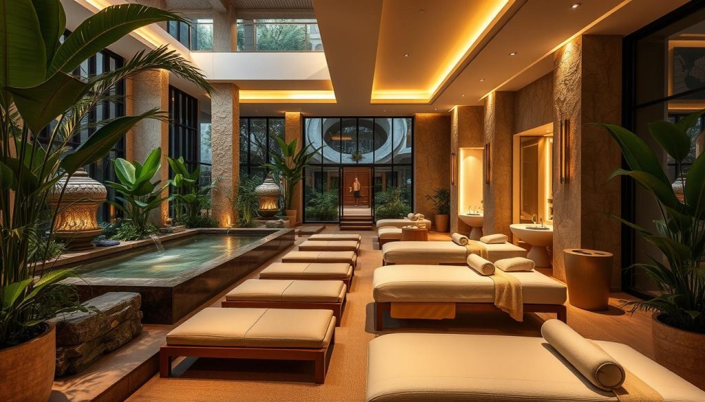 A luxurious spa retreat with lush greenery, soothing water features, and serene lighting. Plush lounge chairs invite guests to unwind, while private treatment rooms offer indulgent massages and rejuvenating facials. The atmosphere is one of tranquility, with soft fabrics, natural textures, and a calming color palette of earthy tones and soft pastels. Architectural details such as high ceilings, large windows, and natural stone accents enhance the sense of spaciousness and serenity. The overall impression is one of a harmonious oasis of relaxation and wellness, perfectly suited for an urban retreat. A luxurious spa retreat with lush greenery, soothing water features, and serene lighting. Plush lounge chairs invite guests to unwind, while private treatment rooms offer indulgent massages and rejuvenating facials. The atmosphere is one of tranquility, with soft fabrics, natural textures, and a calming color palette of earthy tones and soft pastels. Architectural details such as high ceilings, large windows, and natural stone accents enhance the sense of spaciousness and serenity. The overall impression is one of a harmonious oasis of relaxation and wellness, perfectly suited for an urban retreat.