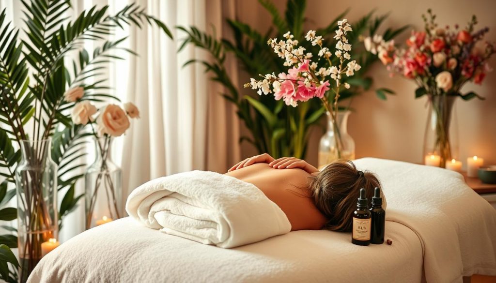 A luxurious spa setting with a serene atmosphere. A beautifully decorated room with soft lighting, featuring a massage table draped in plush, white linens. Lush, green foliage and elegant glass vases filled with fragrant flowers adorn the space, creating a calming, natural ambiance. A skilled masseuse's hands gently massage aromatic oils into the skin, promoting relaxation and wellness. The scene evokes a sense of tranquility and indulgence, perfectly capturing the essence of a popular and rejuvenating aromatherapy massage. A luxurious spa setting with a serene atmosphere. A beautifully decorated room with soft lighting, featuring a massage table draped in plush, white linens. Lush, green foliage and elegant glass vases filled with fragrant flowers adorn the space, creating a calming, natural ambiance. A skilled masseuse's hands gently massage aromatic oils into the skin, promoting relaxation and wellness. The scene evokes a sense of tranquility and indulgence, perfectly capturing the essence of a popular and rejuvenating aromatherapy massage.