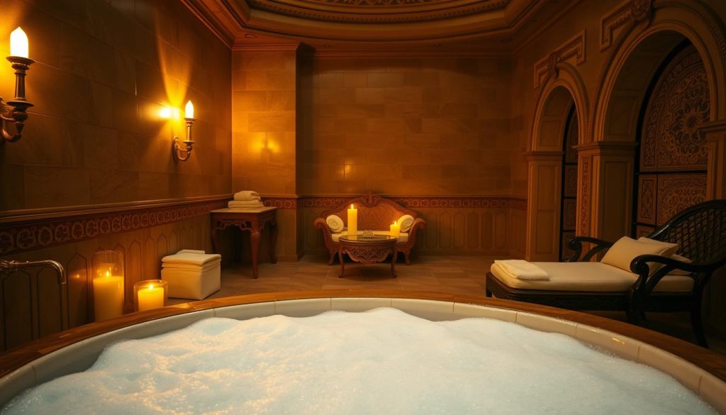 A luxurious spa setting with a tranquil, dimly lit atmosphere. The foreground features a deep, foaming bath filled with kese köpük, a traditional Turkish bath scrub. Soft, warm lighting from wall sconces casts a golden glow, creating a serene and indulgent ambiance. The middle ground showcases ornate, carved wooden furniture, plush towels, and aromatic candles, evoking the opulent aesthetic of a high-end Istanbul wellness retreat. The background features intricate tile work and arched entryways, transporting the viewer to an authentic Turkish bathing experience. The overall mood is one of relaxation, pampering, and an escape from the bustling city outside.