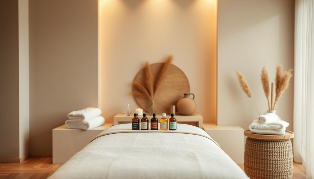 A luxurious spa setting with soft lighting, plush fabrics, and natural elements. A massage table takes center stage, accompanied by a selection of massage oil bottles and towels neatly arranged. The background features calming, earthy tones and a minimalist aesthetic, creating a serene and tranquil atmosphere. The overall composition conveys a sense of relaxation and indulgence, perfectly suited for a high-end spa experience. A luxurious spa setting with soft lighting, plush fabrics, and natural elements. A massage table takes center stage, accompanied by a selection of massage oil bottles and towels neatly arranged. The background features calming, earthy tones and a minimalist aesthetic, creating a serene and tranquil atmosphere. The overall composition conveys a sense of relaxation and indulgence, perfectly suited for a high-end spa experience.