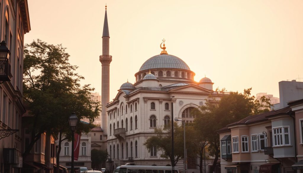 A majestic Ottoman-era mosque, the Kılıç Ali Paşa complex stands tall in Fatih, Istanbul. Its grand, domed silhouette and intricate architectural details are captured in a timeless, cinematic composition. The sun's warm glow casts a soft, golden hue, highlighting the structure's weathered yet graceful facade. Surrounding the mosque, a bustling urban landscape unfolds, with narrow streets, historic buildings, and the occasional leafy tree adding depth and context to the scene. The overall atmosphere evokes a sense of reverence and cultural heritage, inviting the viewer to explore the rich history and significance of this iconic Fatih landmark. A majestic Ottoman-era mosque, the Kılıç Ali Paşa complex stands tall in Fatih, Istanbul. Its grand, domed silhouette and intricate architectural details are captured in a timeless, cinematic composition. The sun's warm glow casts a soft, golden hue, highlighting the structure's weathered yet graceful facade. Surrounding the mosque, a bustling urban landscape unfolds, with narrow streets, historic buildings, and the occasional leafy tree adding depth and context to the scene. The overall atmosphere evokes a sense of reverence and cultural heritage, inviting the viewer to explore the rich history and significance of this iconic Fatih landmark.