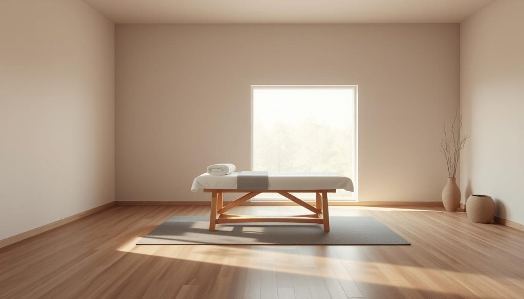 A minimalist and serene meditation room, with a lone massage table positioned in the center. Soft, diffused natural lighting filters through a large window, casting a warm glow on the wooden floor and simple, modern furnishings. Soothing, muted tones of gray, white, and beige create a tranquil atmosphere. The massage table is crafted from high-quality, sustainably-sourced materials, its clean lines and elegant design embodying the principles of butik masaj. The room exudes a sense of calm, inviting visitors to fully immerse themselves in the therapeutic experience.