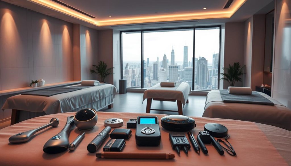 A modern luxury spa, with a sleek, minimalist interior. Soft ambient lighting illuminates a serene massage suite, equipped with state-of-the-art massage beds and soothing music. In the foreground, a selection of high-tech massage tools and accessories lie neatly arranged, showcasing the latest advancements in massage technology. The middle ground features a large window, offering a glimpse of the bustling city skyline outside, creating a sense of tranquility amidst the urban landscape. The overall atmosphere evokes a sense of relaxation, comfort, and the latest in massage innovation. A modern luxury spa, with a sleek, minimalist interior. Soft ambient lighting illuminates a serene massage suite, equipped with state-of-the-art massage beds and soothing music. In the foreground, a selection of high-tech massage tools and accessories lie neatly arranged, showcasing the latest advancements in massage technology. The middle ground features a large window, offering a glimpse of the bustling city skyline outside, creating a sense of tranquility amidst the urban landscape. The overall atmosphere evokes a sense of relaxation, comfort, and the latest in massage innovation.