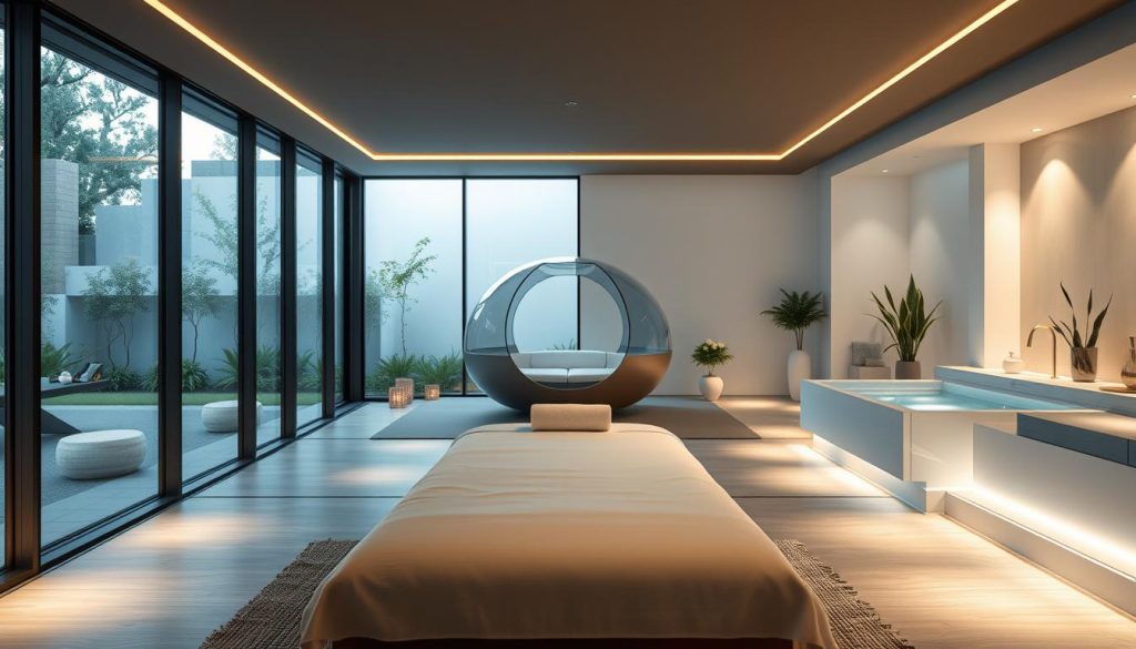 A modern, minimalist spa interior with sleek lines, natural materials, and soothing ambient lighting. In the foreground, a luxurious massage table is positioned against a backdrop of floor-to-ceiling windows overlooking a serene garden. The middle ground features innovative spa amenities, such as a floating meditation pod and a hydrotherapy tub. The background showcases a minimalist, Zen-inspired decor with clean white walls, potted plants, and subtle, indirect lighting that creates a tranquil, rejuvenating atmosphere. The overall scene conveys a sense of innovation, relaxation, and holistic well-being. A modern, minimalist spa interior with sleek lines, natural materials, and soothing ambient lighting. In the foreground, a luxurious massage table is positioned against a backdrop of floor-to-ceiling windows overlooking a serene garden. The middle ground features innovative spa amenities, such as a floating meditation pod and a hydrotherapy tub. The background showcases a minimalist, Zen-inspired decor with clean white walls, potted plants, and subtle, indirect lighting that creates a tranquil, rejuvenating atmosphere. The overall scene conveys a sense of innovation, relaxation, and holistic well-being.