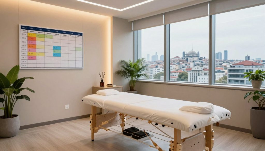 A modern office interior showcasing a massage service setup, featuring a serene massage table in a well-lit corner with soft ambient lighting. In the foreground, display an organized schedule board with colorful time slots representing appointments, emphasizing effective time management. In the middle ground, include soothing elements like potted plants and essential oil diffusers that promote relaxation, enhancing the atmosphere. The background should have large windows offering a view of the vibrant Istanbul skyline, indicating the location's advantages for corporate wellness services. Use a wide-angle lens to capture the spacious layout, highlighting professionalism and tranquility in this corporate wellness environment. The overall mood is calm and inviting, reflecting a harmonious space for relaxation.