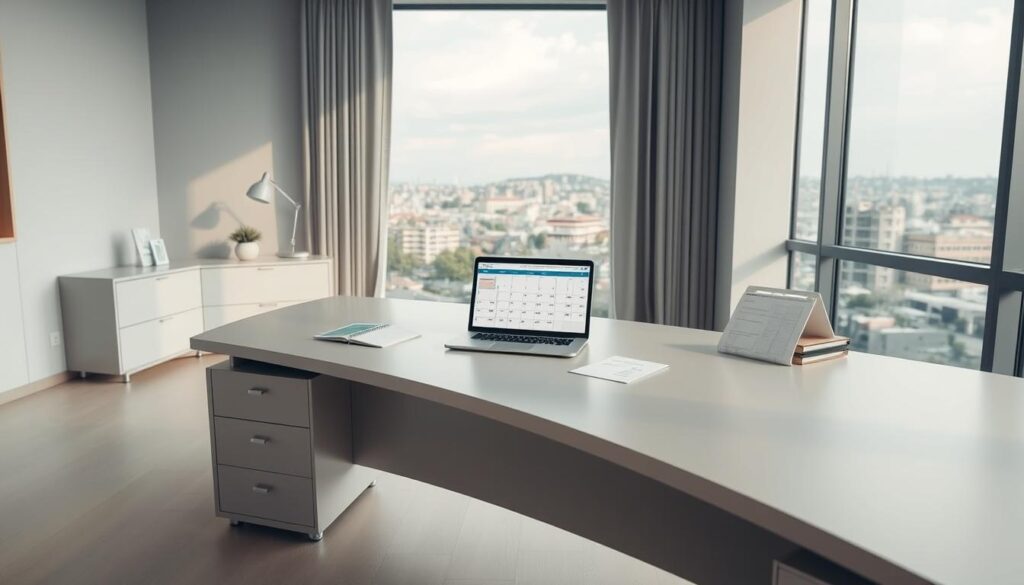 A modern office setting with a large desk, laptop, and an appointment calendar prominently displayed. The desk is neatly organized, with a minimalist design featuring clean lines and neutral tones. Soft, diffused lighting illuminates the scene, creating a calming and professional atmosphere. In the background, a large window overlooking a cityscape, with a view of Beylikdüzü's architectural landscape. The overall composition conveys a sense of efficiency, organization, and the seamless booking process for the home massage service.