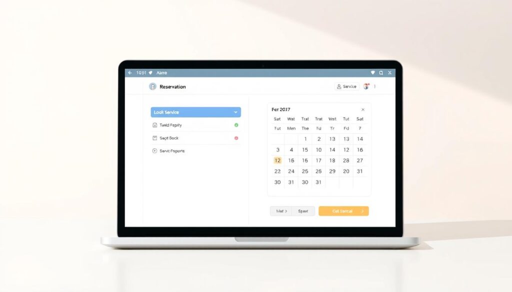 A modern online reservation system interface with a clean, minimalist design. The screen features a prominent booking calendar, allowing users to easily select their desired service date and time. The interface has intuitive navigation buttons, with clear labels for different service options. The background has a soft, calming gradient in neutral tones, creating a professional and trustworthy atmosphere. The layout is well-organized, with ample white space to make the information easy to read and process. The overall impression is of a high-quality, user-friendly reservation platform that inspires confidence in the service being booked. A modern online reservation system interface with a clean, minimalist design. The screen features a prominent booking calendar, allowing users to easily select their desired service date and time. The interface has intuitive navigation buttons, with clear labels for different service options. The background has a soft, calming gradient in neutral tones, creating a professional and trustworthy atmosphere. The layout is well-organized, with ample white space to make the information easy to read and process. The overall impression is of a high-quality, user-friendly reservation platform that inspires confidence in the service being booked.