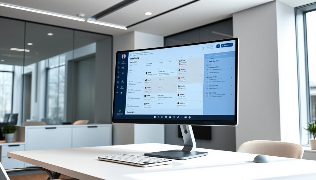A modern, sleek office space with a large, curved computer monitor displaying an online scheduling interface. The screen shows a clean, intuitive design with calendar views, appointment slots, and customer profile details. Soft, indirect lighting illuminates the minimalist, ergonomic desk setup. Streamlined, metallic accents complement the neutral color palette, conveying a sense of technological sophistication. The overall atmosphere is one of efficiency, convenience, and a seamless digital experience for both the service provider and their clients. A modern, sleek office space with a large, curved computer monitor displaying an online scheduling interface. The screen shows a clean, intuitive design with calendar views, appointment slots, and customer profile details. Soft, indirect lighting illuminates the minimalist, ergonomic desk setup. Streamlined, metallic accents complement the neutral color palette, conveying a sense of technological sophistication. The overall atmosphere is one of efficiency, convenience, and a seamless digital experience for both the service provider and their clients.