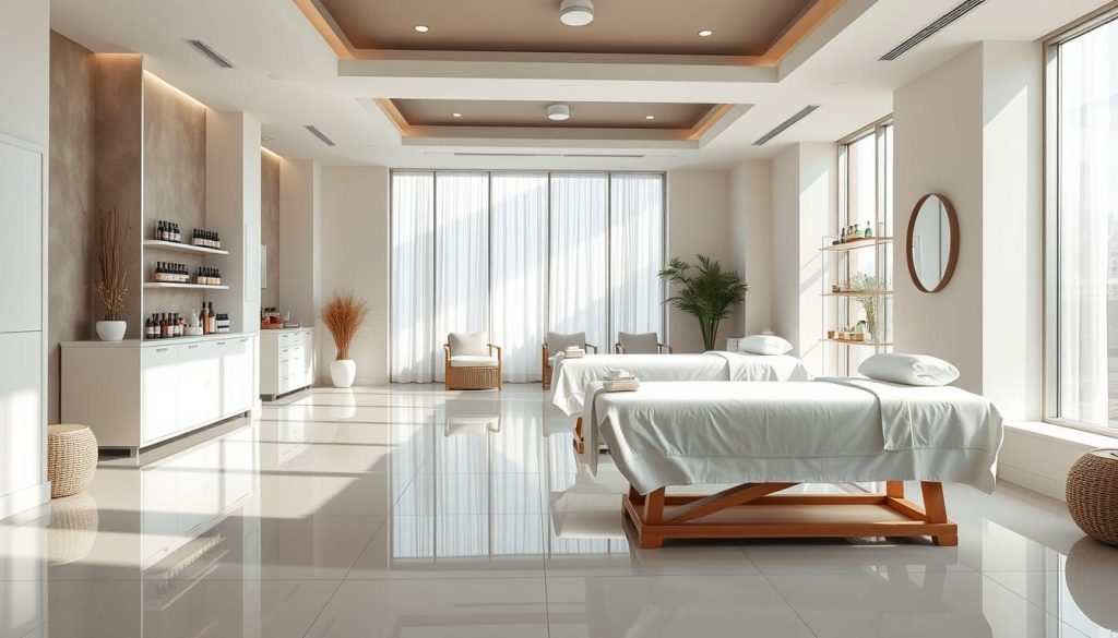 A modern, upscale massage salon interior with crisp, clean lines and abundant natural light filtering through large windows. Gleaming, polished tile floors, plush massage tables draped in pristine white linens, and an array of essential oils and botanicals neatly displayed. The ambiance is calming and serene, with soft, diffused lighting and muted earth-toned accents. Emphasis on hygiene and sanitation, with visible disinfection stations and sterilized equipment. An atmosphere that instills a sense of trust, professionalism, and a commitment to high standards of cleanliness.